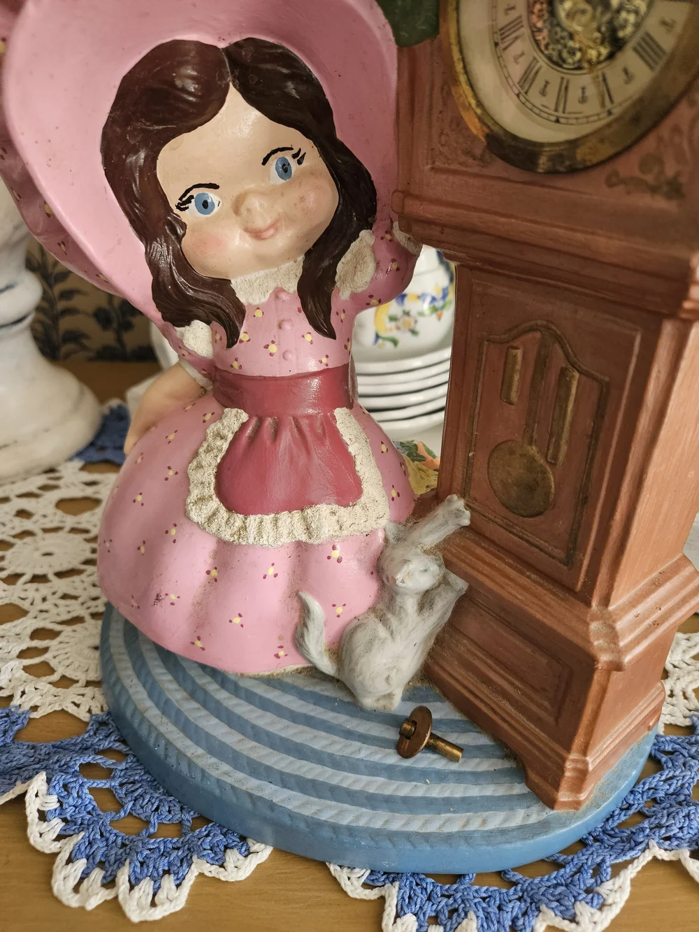 Pink Girl Figurine with Grandfather Clock Decorative Statue
